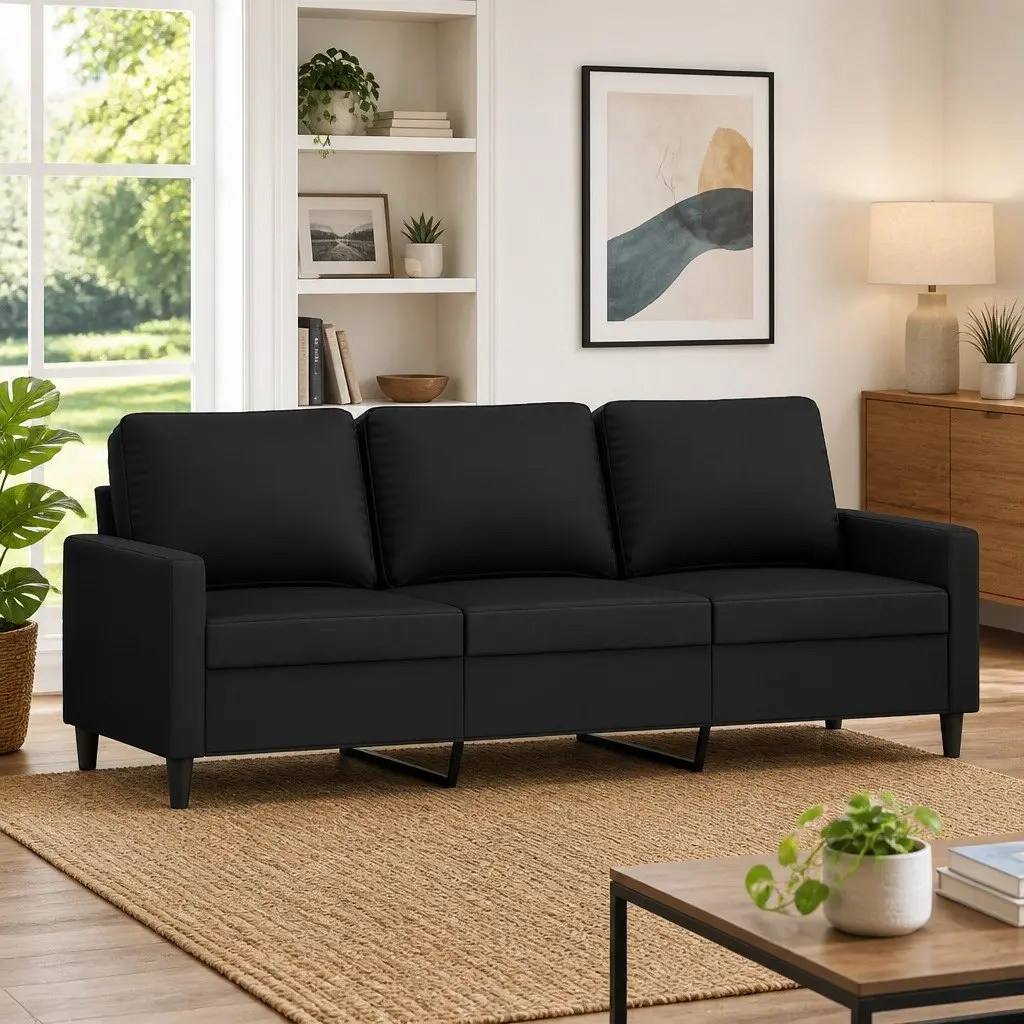 3-Seater Sofa Living Room Black 180cm Velvet Couch