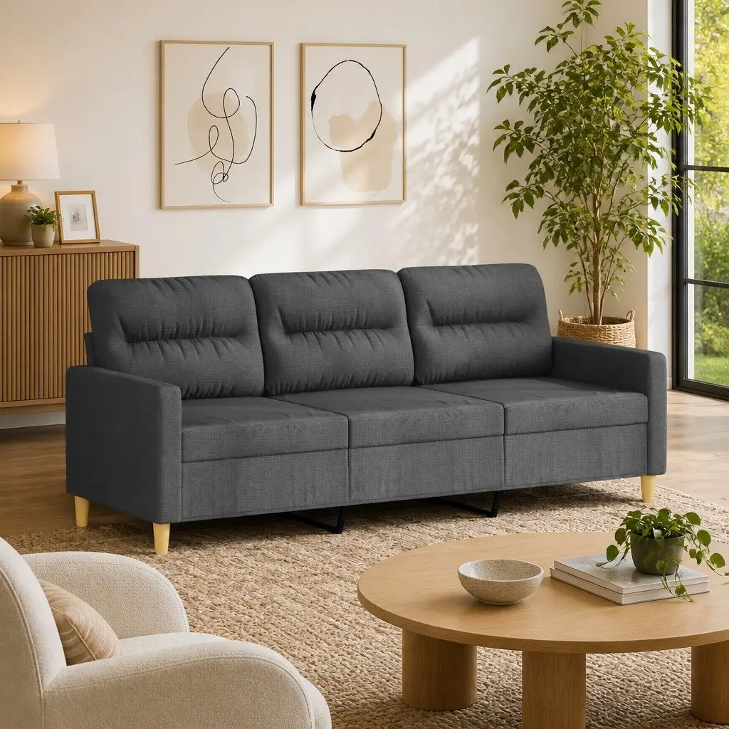3-Seater Sofa Grey Fabric 180cm Modern Living Room Couch Lounge Seat Furniture