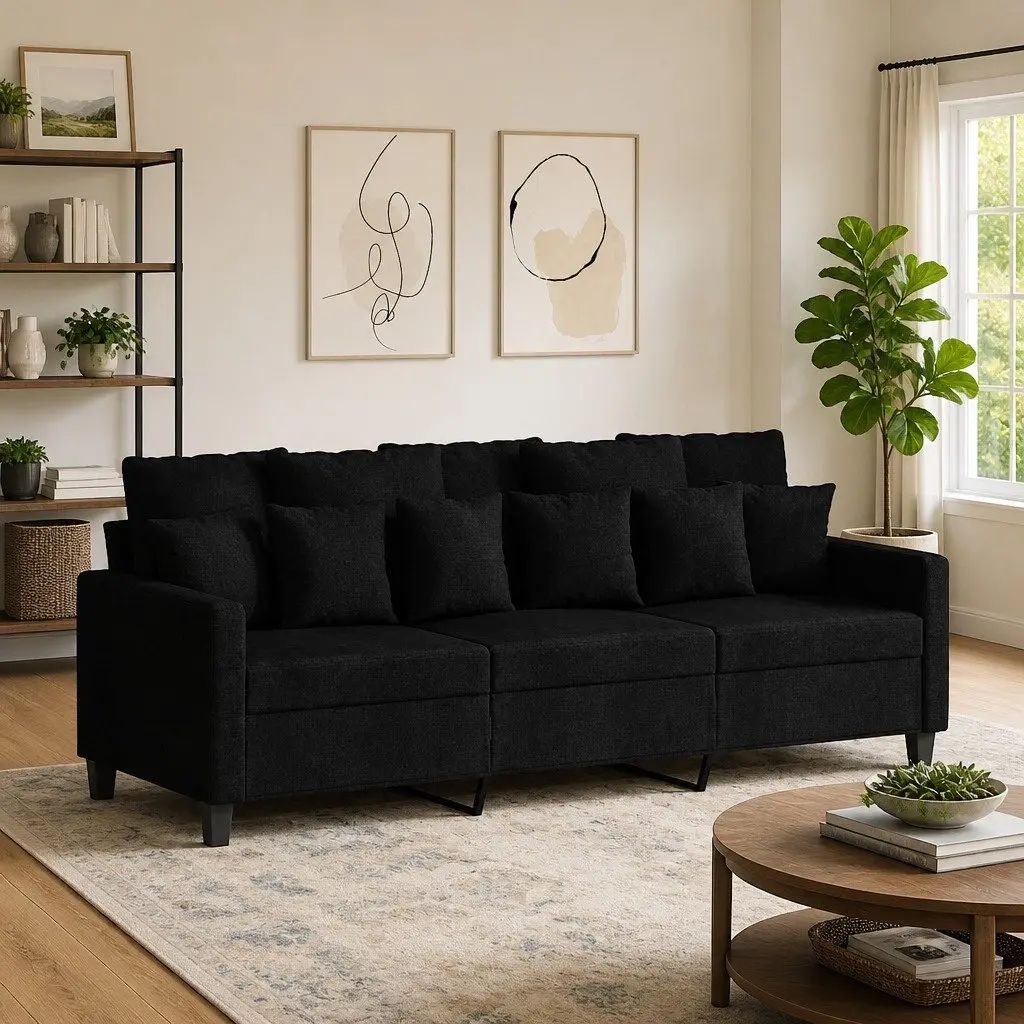 3-Seater Sofa Living Room Black 180cm Fabric Couch Modern