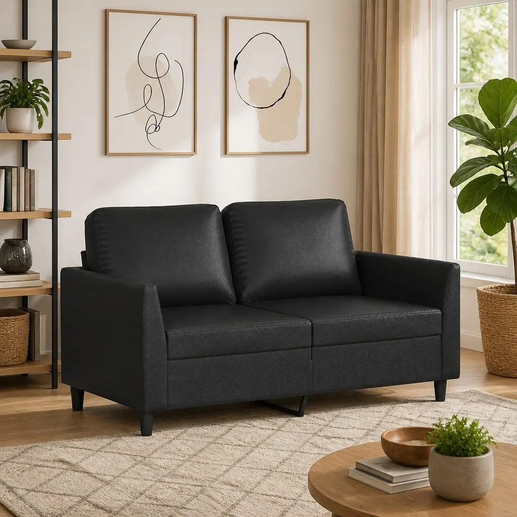 2-Seater Sofa Living Room 120cm Black Modern Faux Leather Furniture