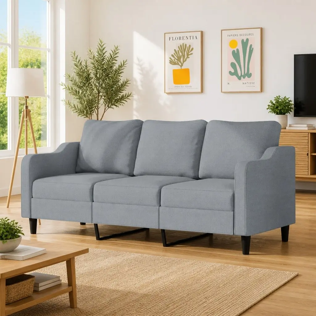 3-Seater Sofa Light Grey 180cm Modern Living Room Couch Fabric Upholstered