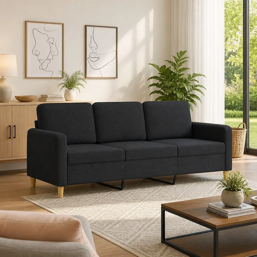 3-Seater Sofa Black Fabric Living Room Couch 180cm