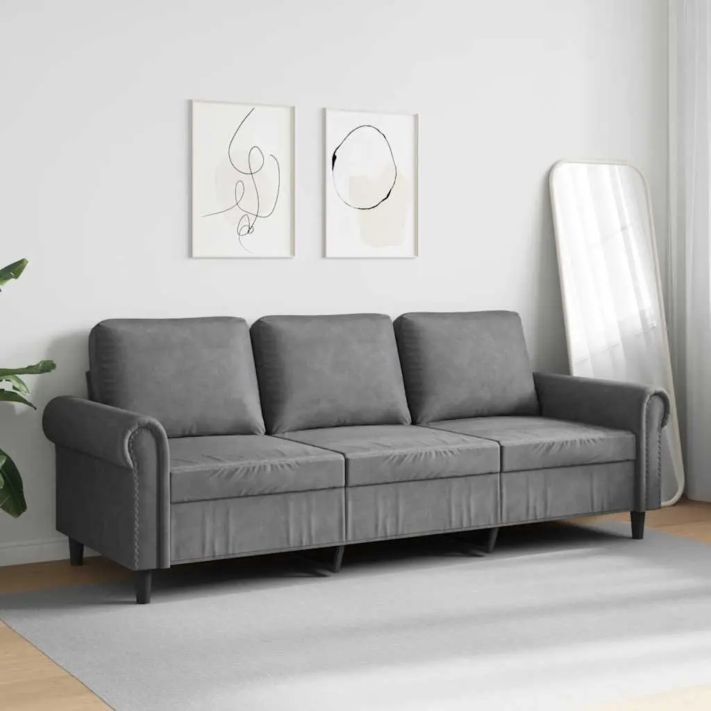 3-Seater Sofa Grey Velvet 180cm Living Room Couch Modern Design Comfortable