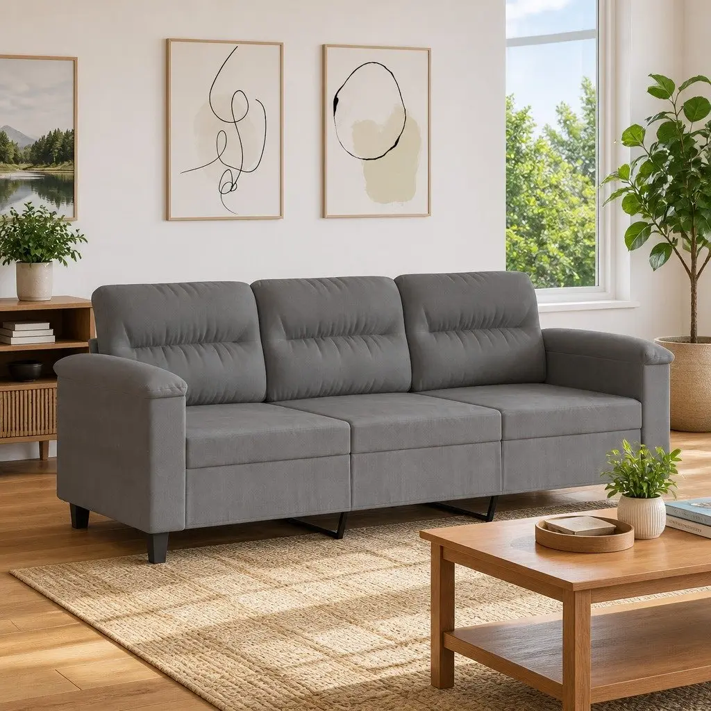 3-Seater Sofa Grey Microfibre Upholstered Lounge Couch Modern Living Room