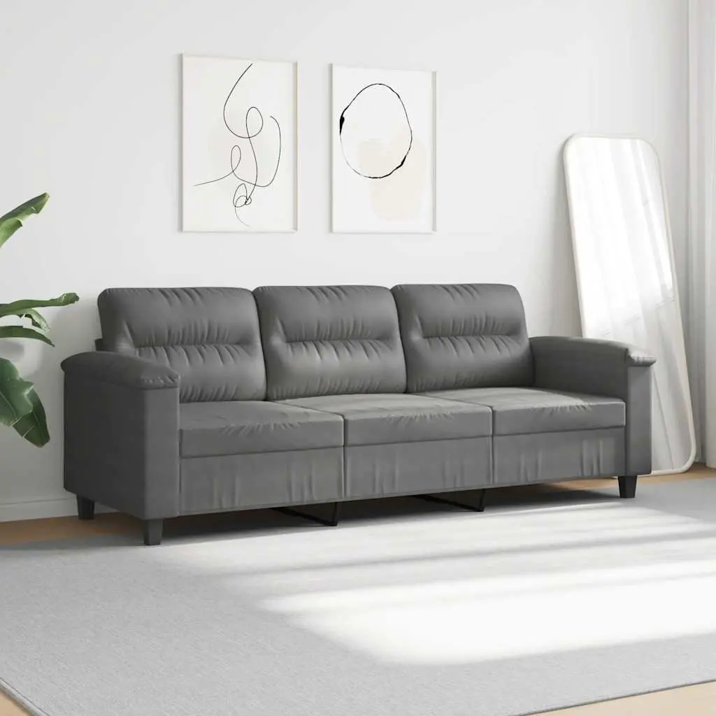 3-Seater Sofa Grey Microfibre Upholstered Lounge Couch Modern Living Room