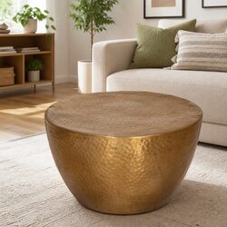 Yellow Hammered Round Coffee Table with 50 cm Diameter