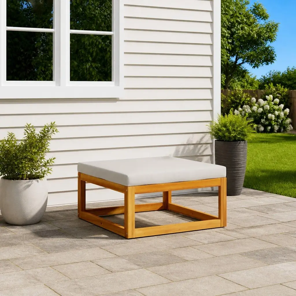Outdoor Footrest Garden Patio Ottoman with Grey Cushion Solid Acacia Wood