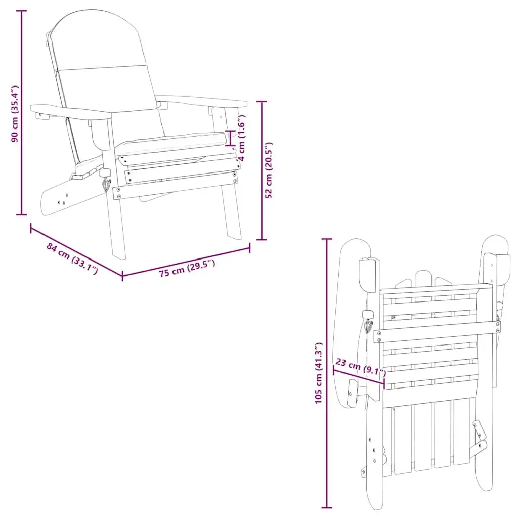 Adirondack Garden Chair Solid Wood Outdoor Lounge Seat with Cushions Foldable