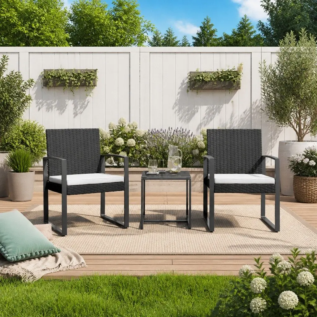 Garden Dining Set Outdoor Furniture 3 Piece Black PP Rattan with Cushions
