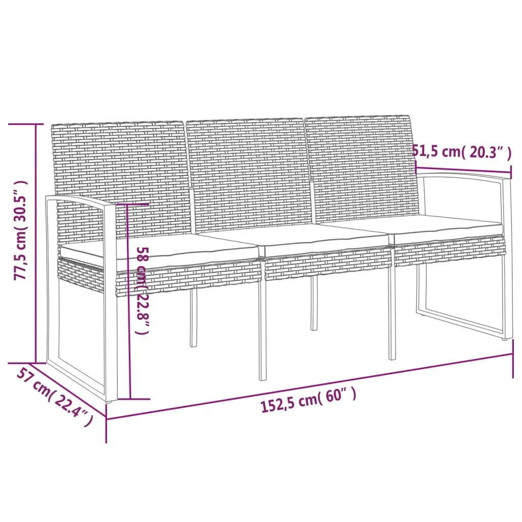 3-Seater Garden Bench Outdoor Patio Furniture Grey with Cushions