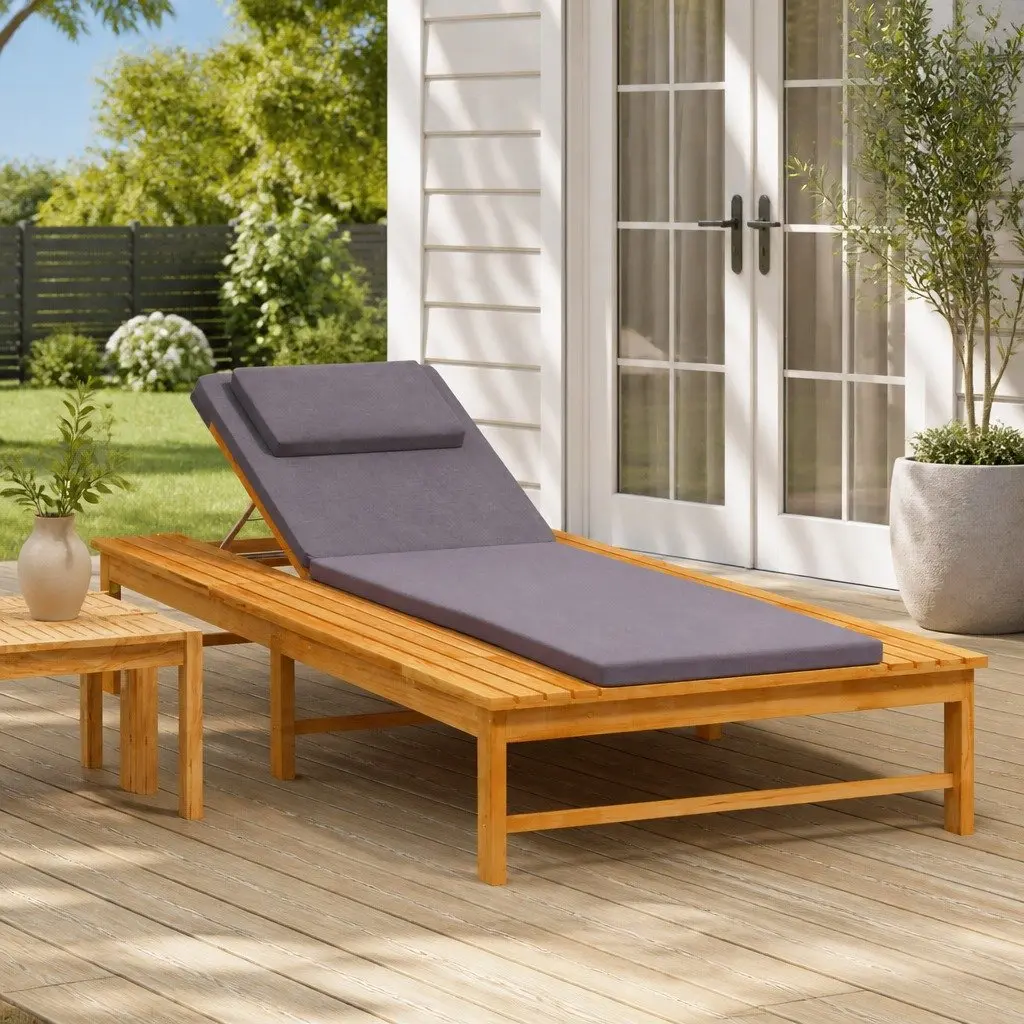 Sun Lounger for Patio Garden Adjustable Backrest Solid Acacia Wood with Cushion Pillow
