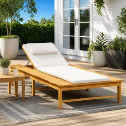 Wooden Sun Lounger with Cushion and Adjustable Backrest