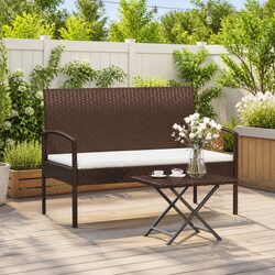 Garden Bench with Cushion: 105cm Brown Poly Rattan