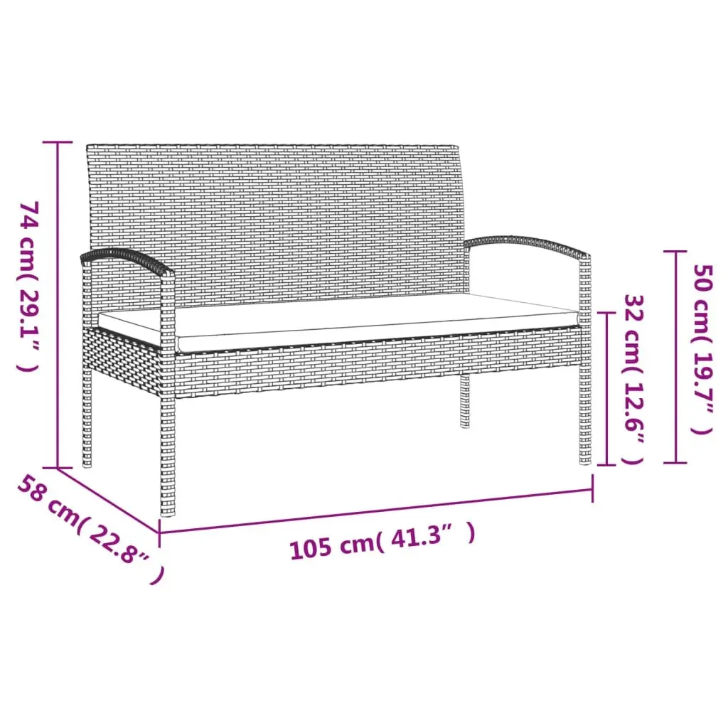 Garden Bench with Cushion Black 105cm Outdoor Seating Poly Rattan Patio