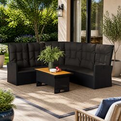 Black Reclining Corner Sofa with Cushions and Adjustable Backrest