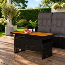 Garden Table Lift-Top Black Outdoor Patio Dining Acacia Wood Poly Rattan Frame