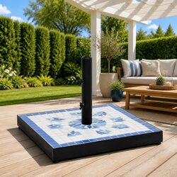 Parasol Base Square Blue White Outdoor Umbrella Stand Weighted Garden Patio