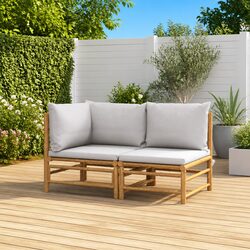2 Piece Outdoor Garden Lounge Set Bamboo Sectional Sofa with Grey Cushions