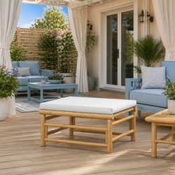 Garden Footstool Specifications: Bamboo Frame, Grey Cushion