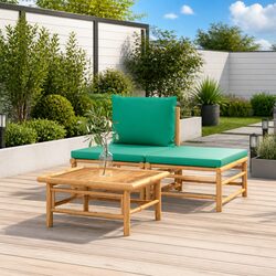 3-Piece Lounge Set with Bamboo Frame and Green Cushions