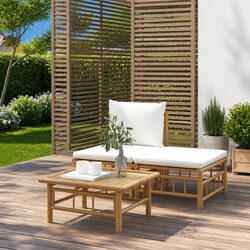 Outdoor Sectional Sofa 3 Piece Garden Lounge Set Bamboo White Cushions