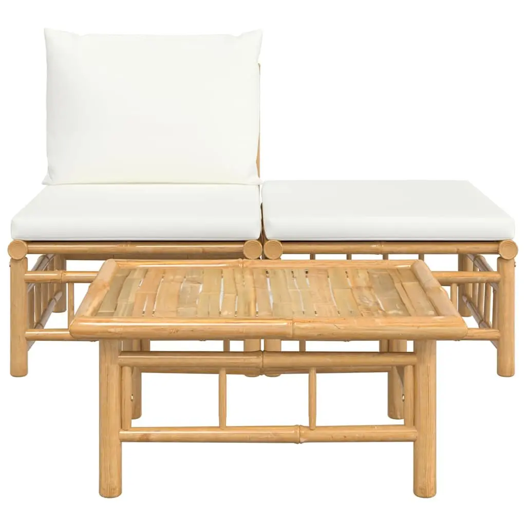 3 Piece Garden Lounge Set Outdoor Use Bamboo Sofa Table Cream White Cushions