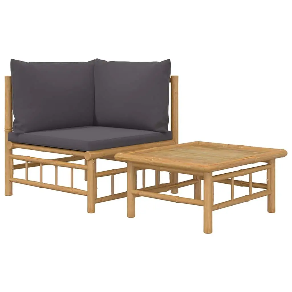 Outdoor Sectional Sofa Set 2 Piece Bamboo Garden Lounge with Grey Cushions