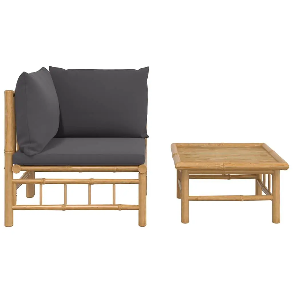 Outdoor Sectional Sofa Set 2 Piece Bamboo Garden Lounge with Grey Cushions