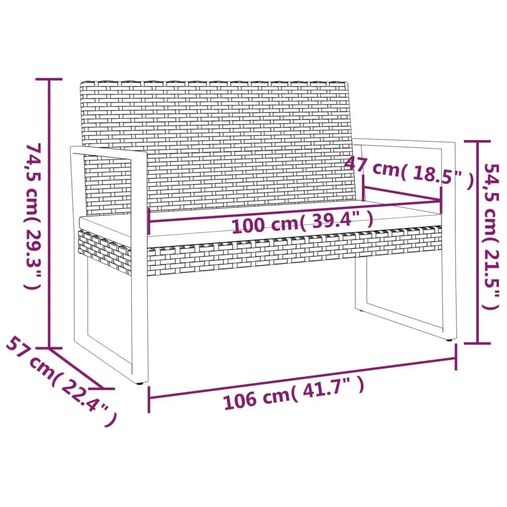 Outdoor Garden Bench with Cushions Black 106cm Poly Rattan Seating Furniture