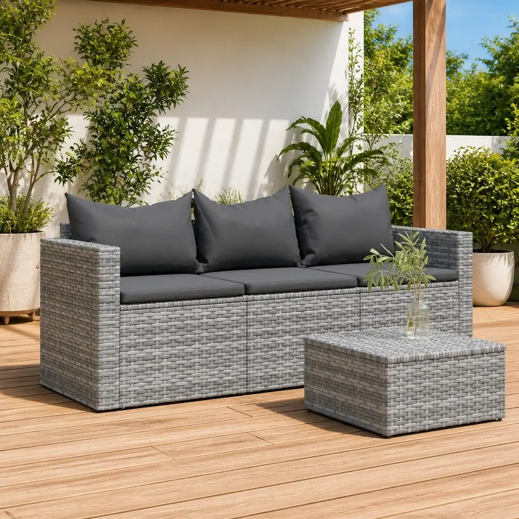 3-Seater Garden Sofa Grey Poly Rattan with Cushions Outdoor Patio Furniture