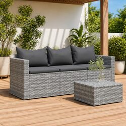 3-Seater Outdoor Garden Sofa Grey Poly Rattan with Cushions Patio Furniture