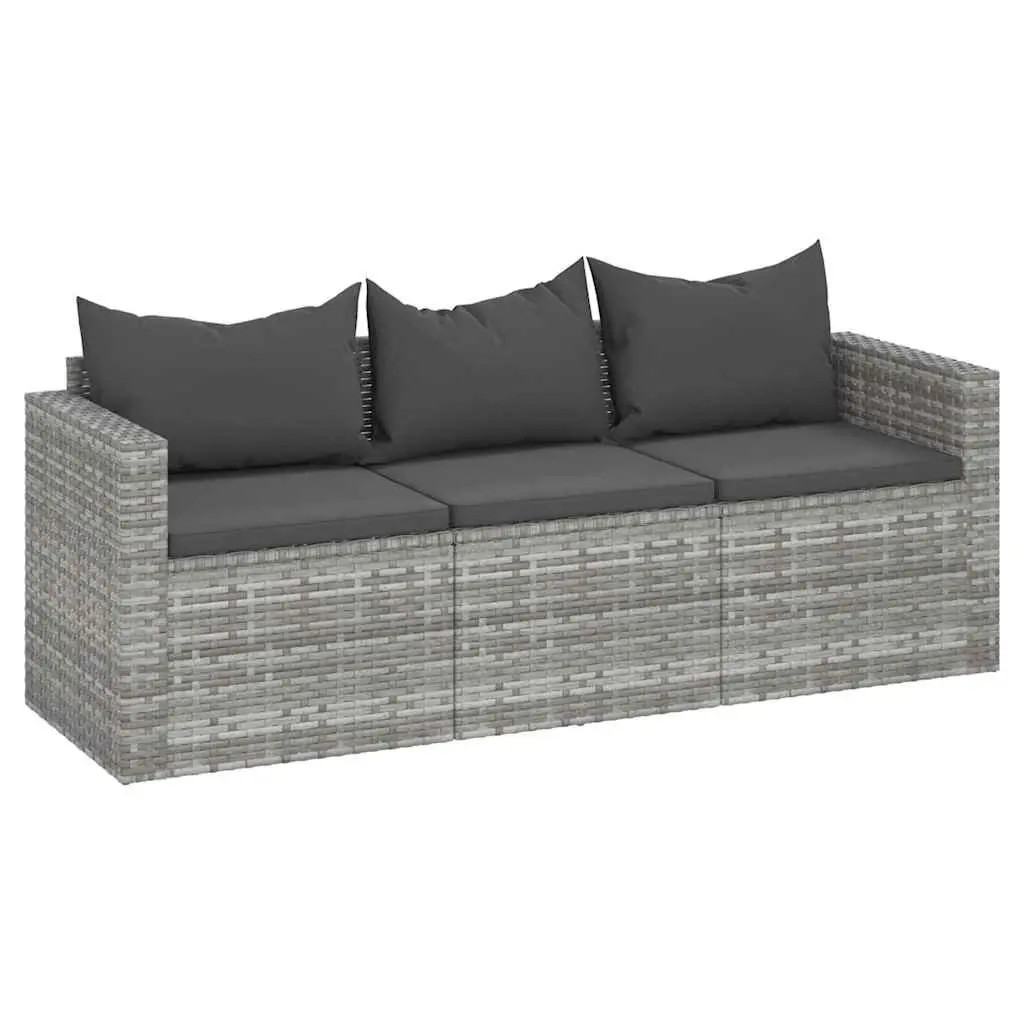 3-Seater Garden Sofa Grey Poly Rattan with Cushions Outdoor Patio Furniture