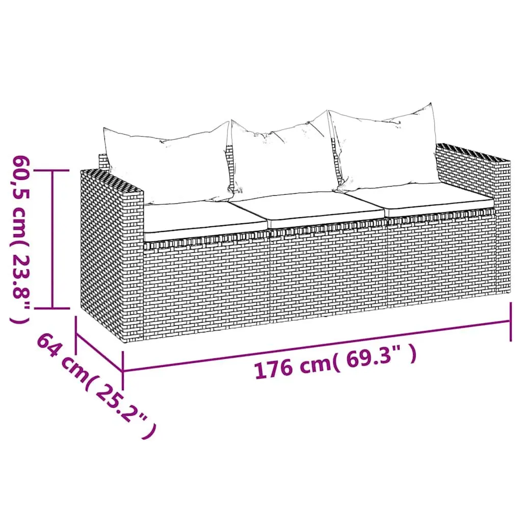 3-Seater Garden Sofa Grey Poly Rattan with Cushions Outdoor Patio Furniture