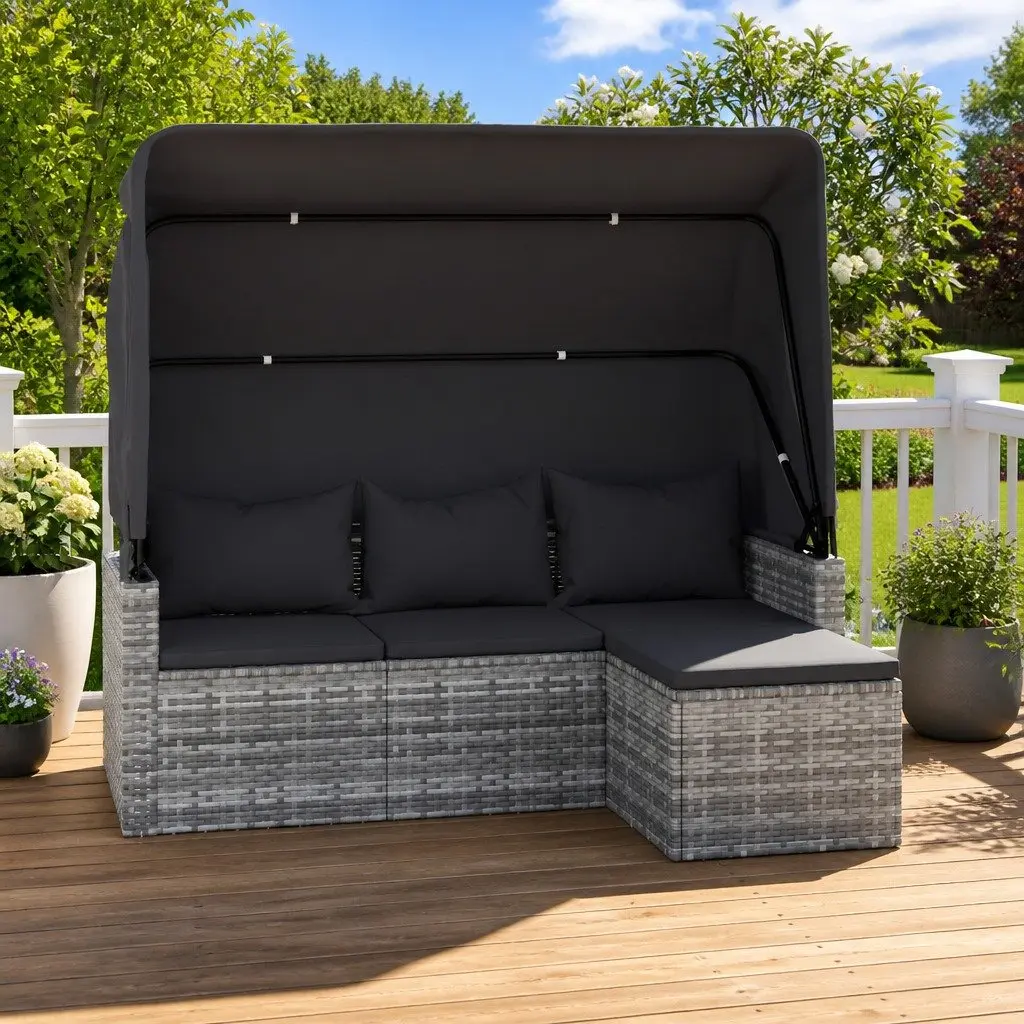 3-Seater Garden Sofa for Outdoor Use with Adjustable Roof and Footstool Grey