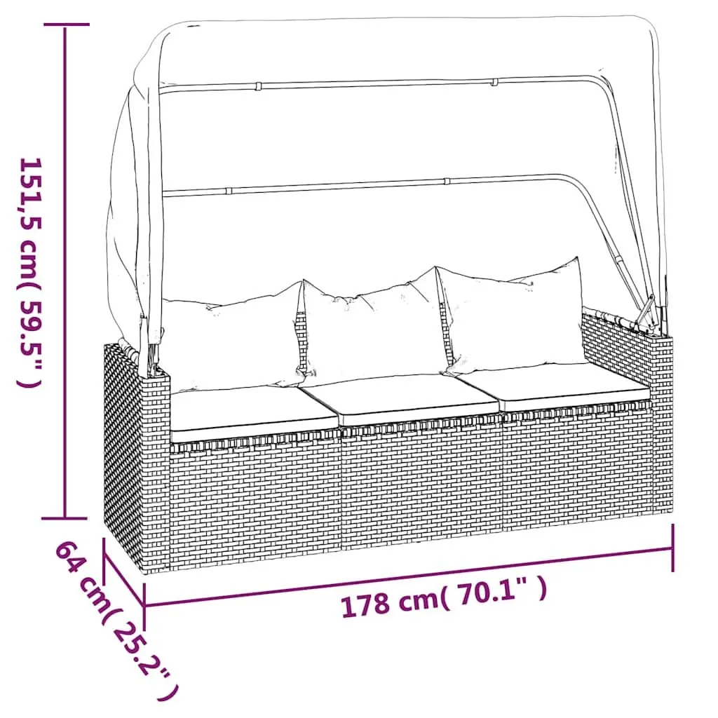 3-Seater Garden Sofa for Outdoor Use with Adjustable Roof and Footstool Grey