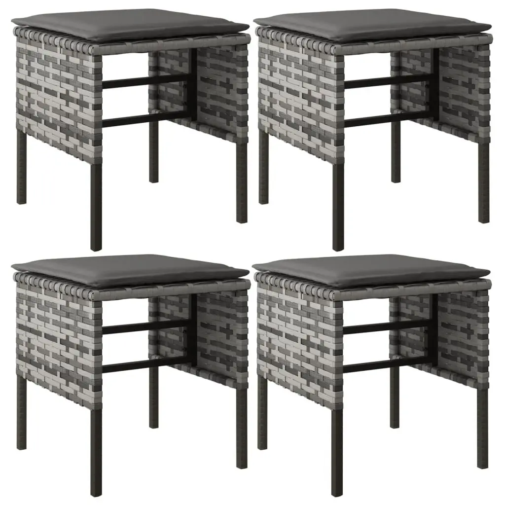 Garden Footstools Set of 4 Outdoor Seating Grey Poly Rattan with Cushions