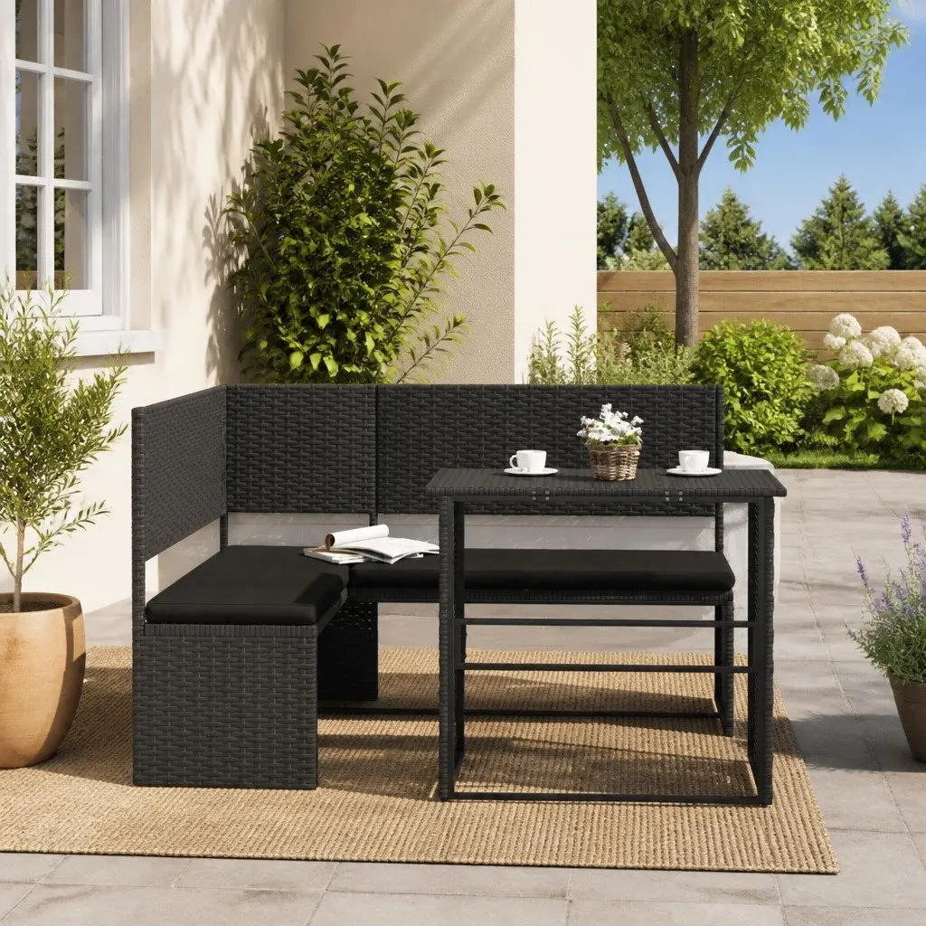 Outdoor Patio Furniture Set Black Poly Rattan L-Shaped Sofa with Cushions and Table