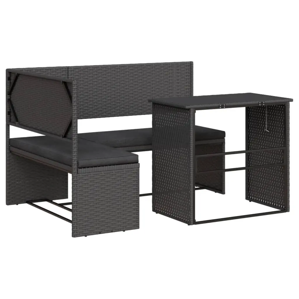 Outdoor Patio Furniture Set Black Poly Rattan L-Shaped Sofa with Cushions and Table