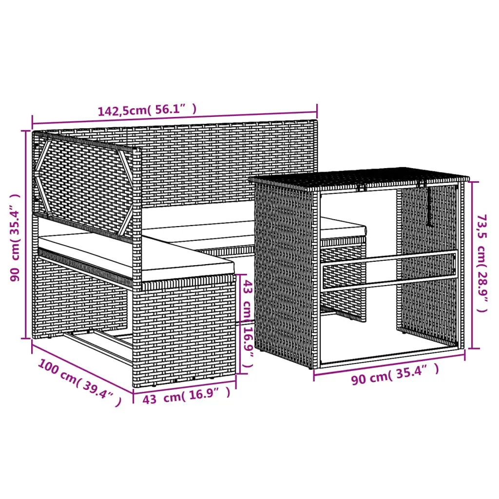 Outdoor Patio Furniture Set Black Poly Rattan L-Shaped Sofa with Cushions and Table
