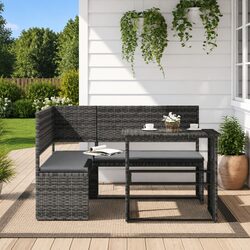 L-Shaped Garden Sofa Set with Table Grey Poly Rattan Outdoor Furniture Cushions
