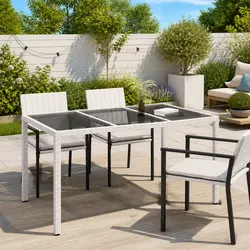 Garden Dining Table Details: 150x90x75cm, White Poly Rattan