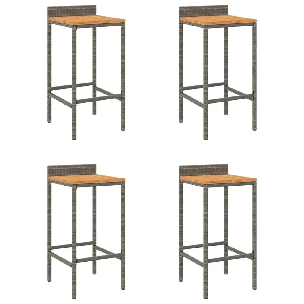 Bar Stools Indoor Outdoor Kitchen Dining 4 Piece Grey Poly Rattan Wooden Seat