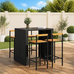 Bar Stools Set of 4: Black Poly Rattan and Wood