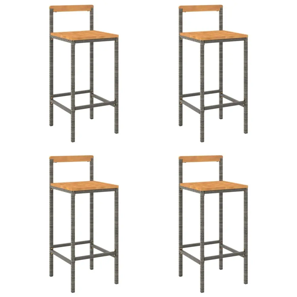 Bar Stools Set of 4 Grey Poly Rattan Wooden Seat Indoor Outdoor Dining Chair