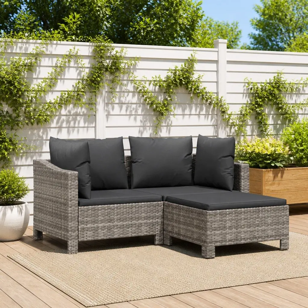 3 Piece Garden Lounge Set Outdoor Furniture Grey Poly Rattan with Cushions