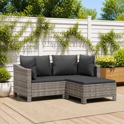 3 Piece Garden Lounge Set Grey Poly Rattan Outdoor Furniture with Cushions