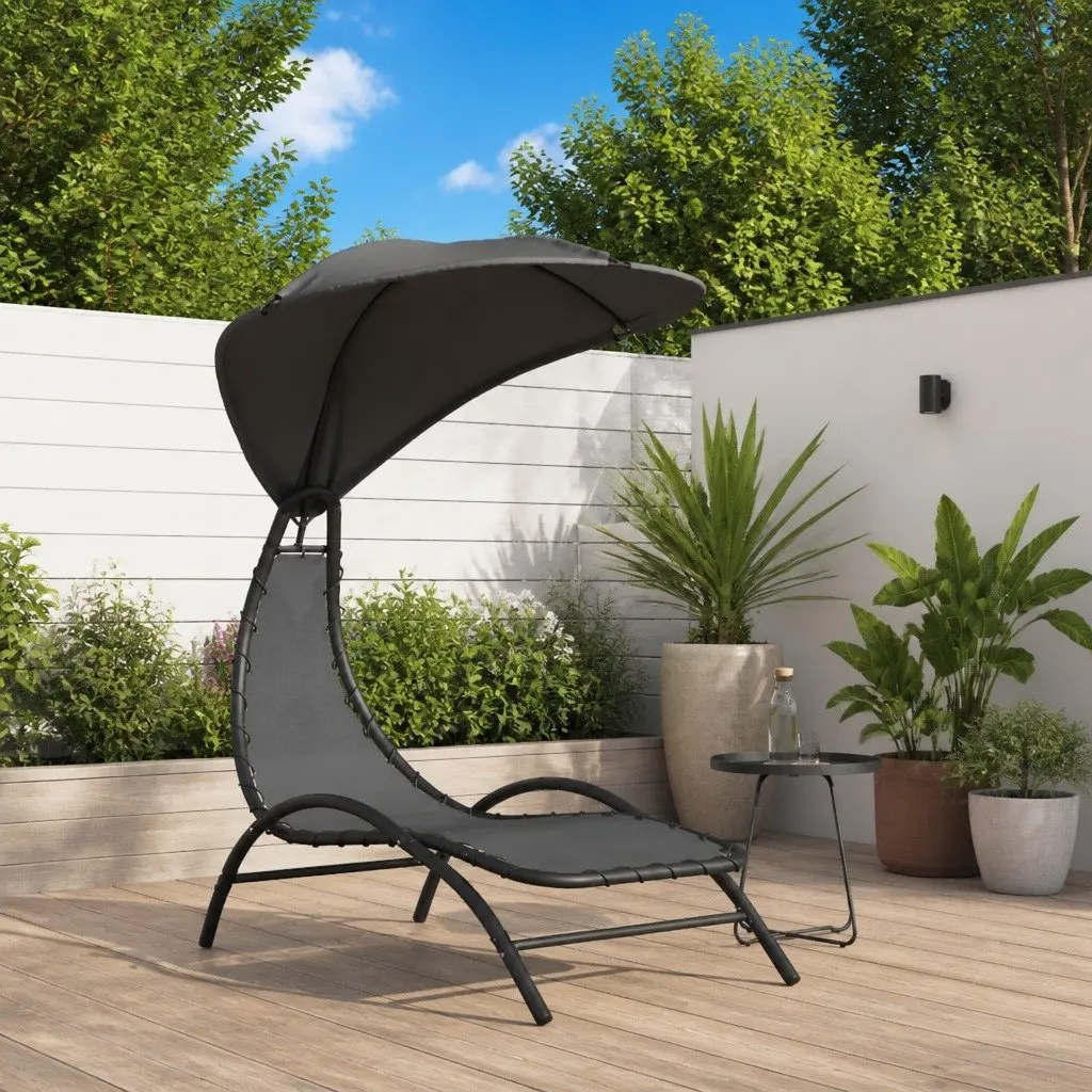 Sun Lounger with Canopy for Outdoor Garden Grey Adjustable Backrest 167L x 80W x 195H cm