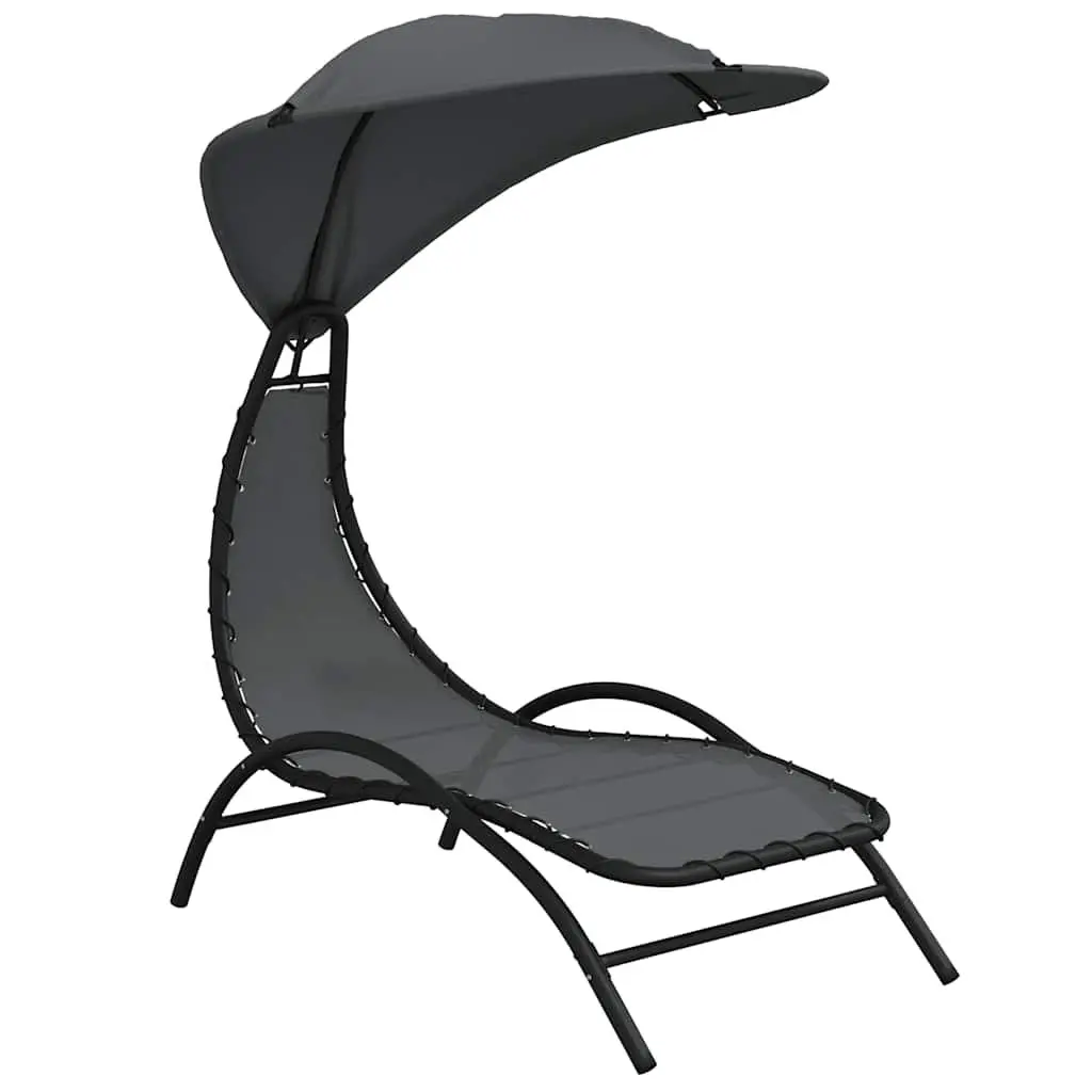 Sun Lounger with Canopy for Outdoor Garden Grey Adjustable Backrest 167L x 80W x 195H cm