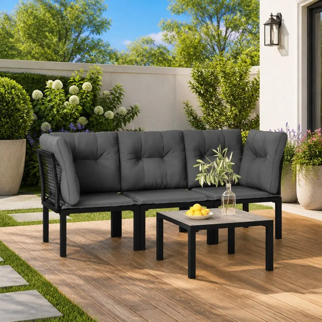 4 Piece Garden Lounge Set Outdoor Use Modular Black Grey Poly Rattan Sofa