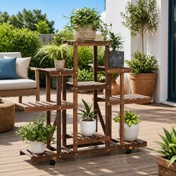 Wooden Plant Stand with Wheels Flower Display Rack 110x25x101cm Brown Fir
